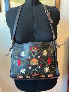 Embroidered Floral Leather Crossbody Bag - Black